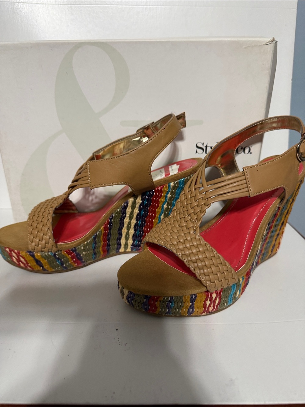 Style & Co. Tan Woven Platform Wedges with Multicolor Rope Trim